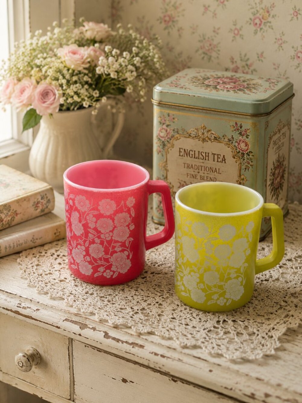 Vintage Federal Glass Calico Mugs Set of 2 Red Green Floral Milk Glass Cups**